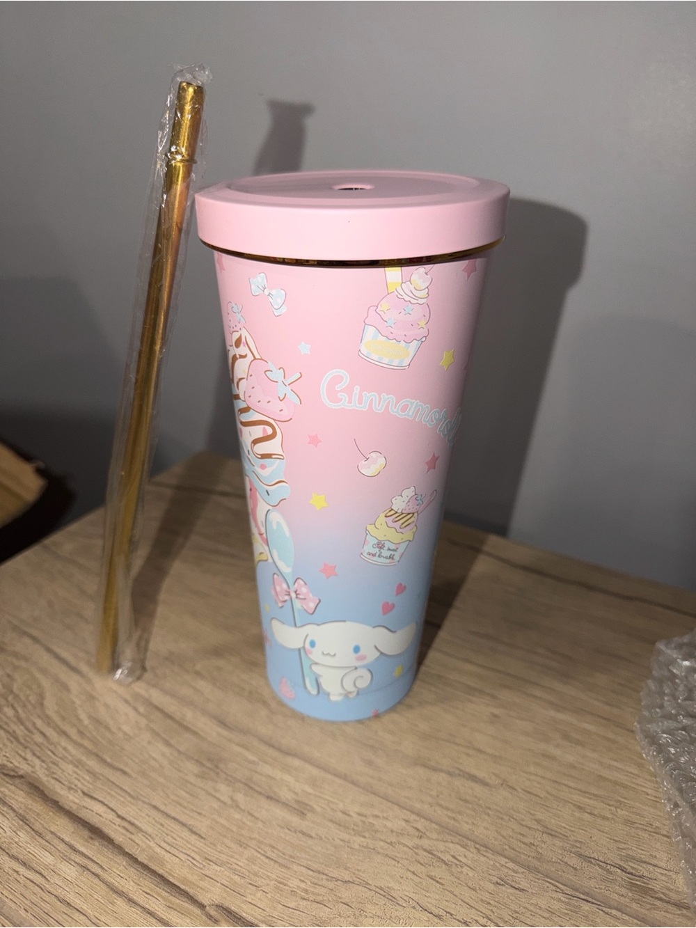 Sanrio Cinnamoroll Pink Blue Gradient Travel Tumbler with Gold Straw
